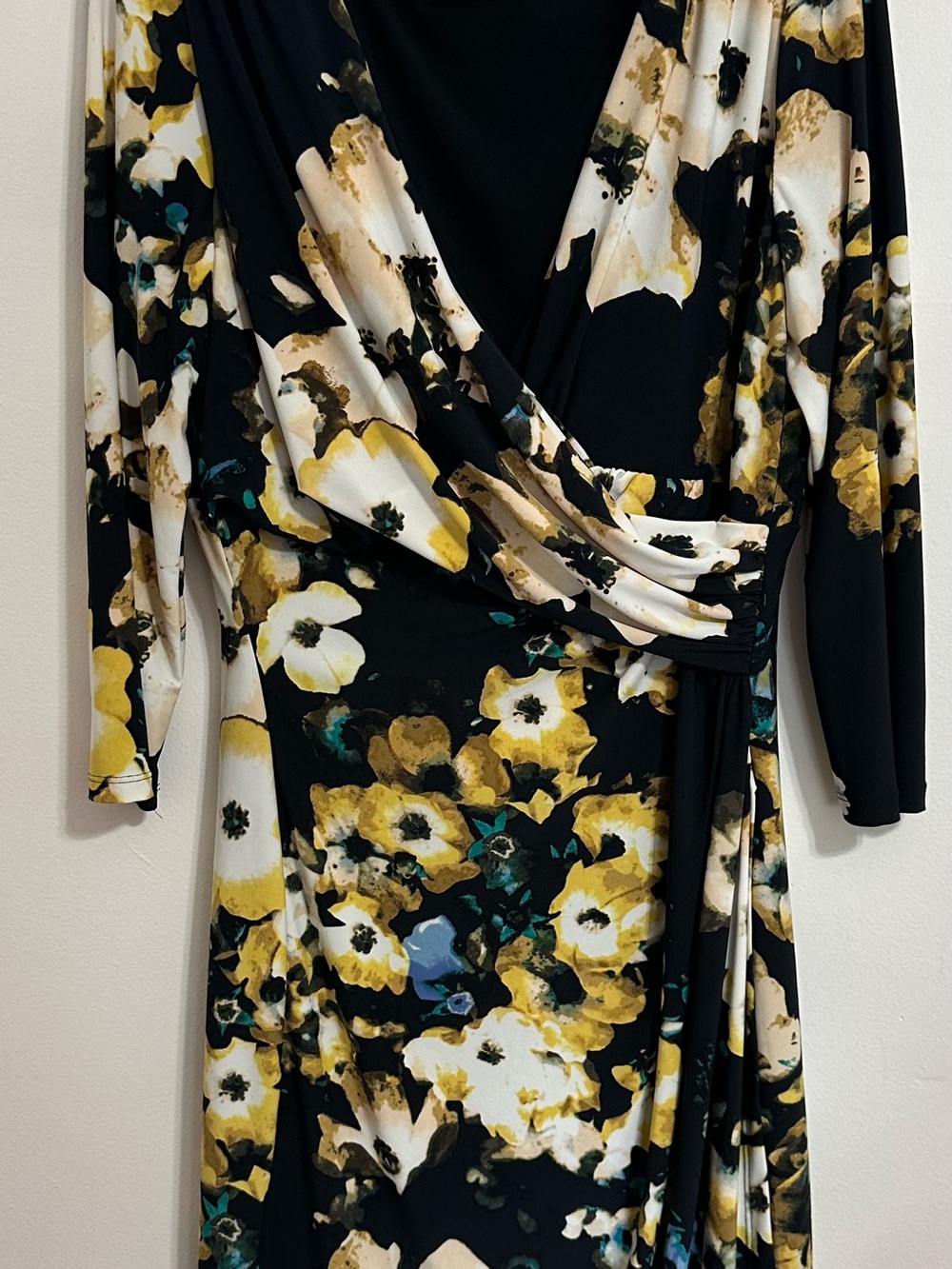 Lauren Ralph Lauren Black Floral Long-Sleeve Wrap Dress with Yellow Accents